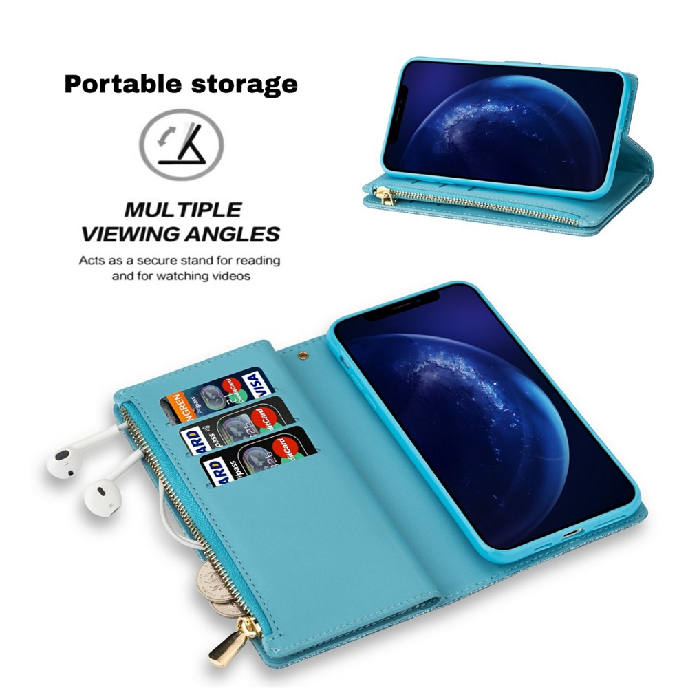 Glittery Starry Style Laser Carving Zipper Wallet Stand Leather Case for Xiaomi Redmi Note 10 Pro - Blue-3