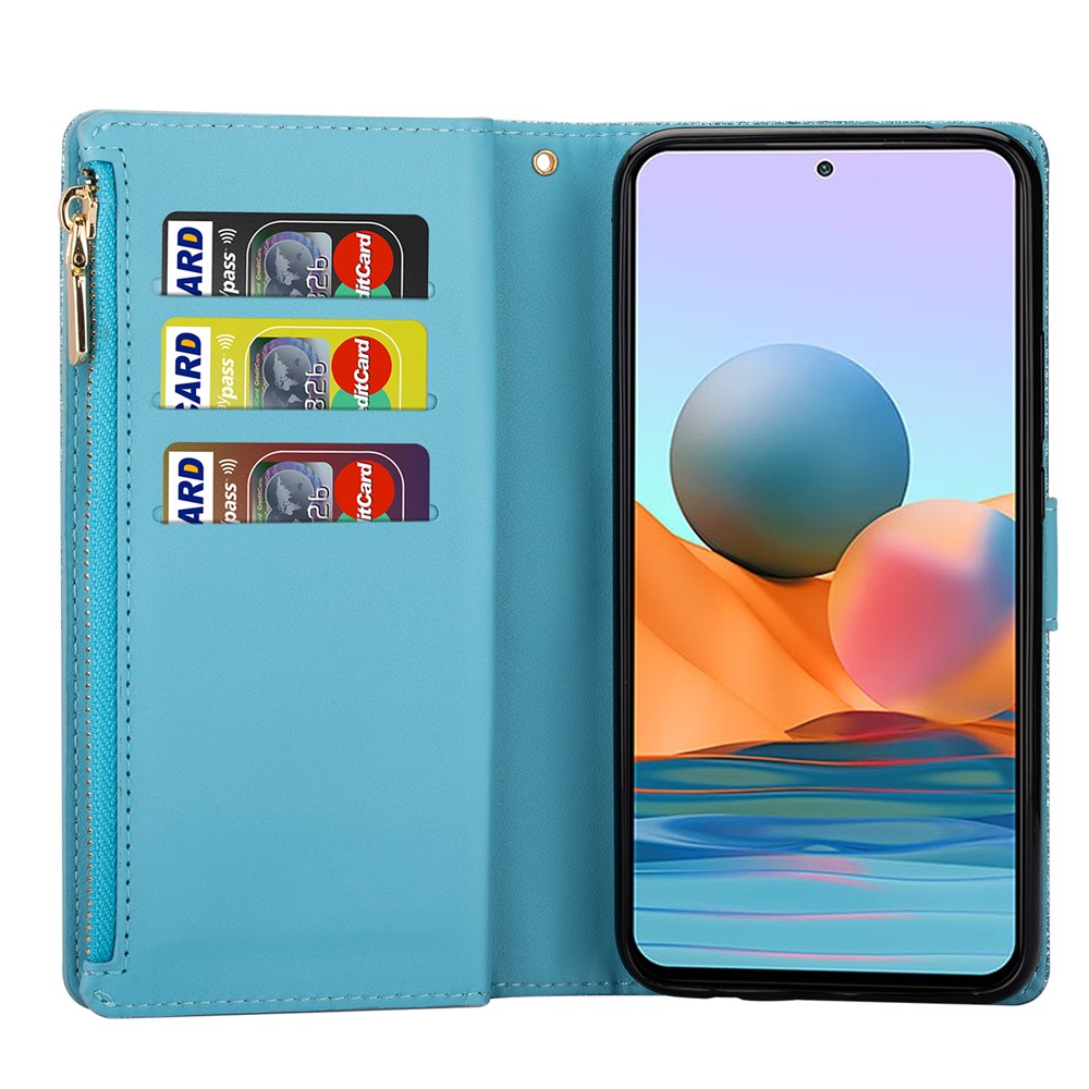 Glittery Starry Style Laser Carving Zipper Wallet Stand Leather Case for Xiaomi Redmi Note 10 Pro - Blue-4
