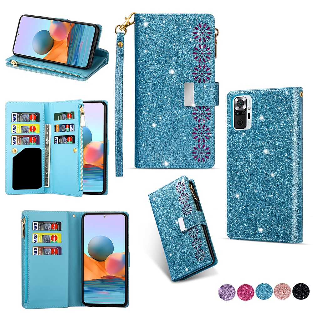 Glittery Starry Style Laser Carving Zipper Wallet Stand Leather Case for Xiaomi Redmi Note 10 Pro - Blue-8