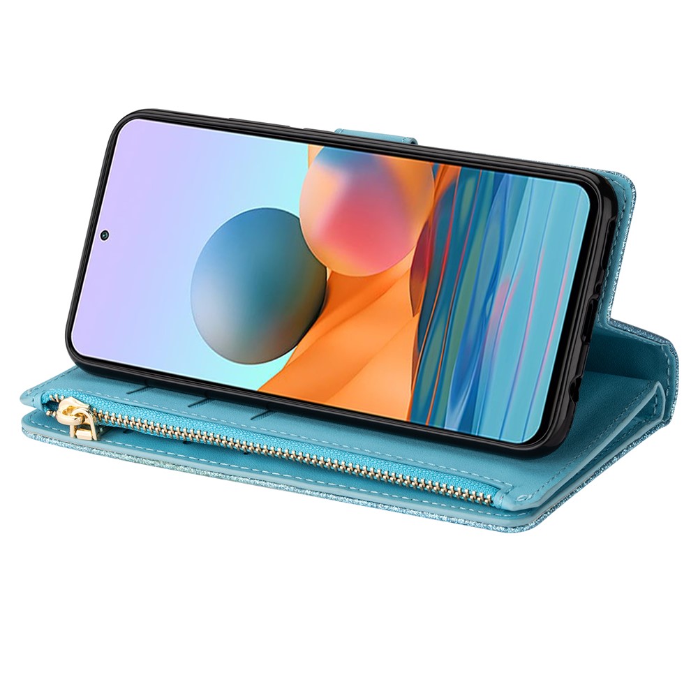 Glittery Starry Style Laser Carving Zipper Wallet Stand Leather Case for Xiaomi Redmi Note 10 Pro - Blue-9