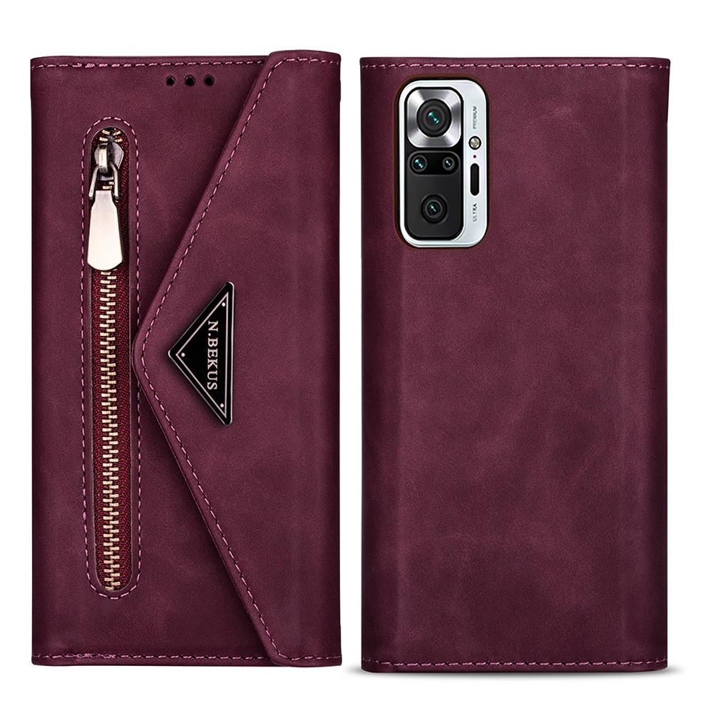 Leather Zipper Wallet Stand Phone Case with Strap for Xiaomi Redmi Note 10 Pro - Wine Red-1