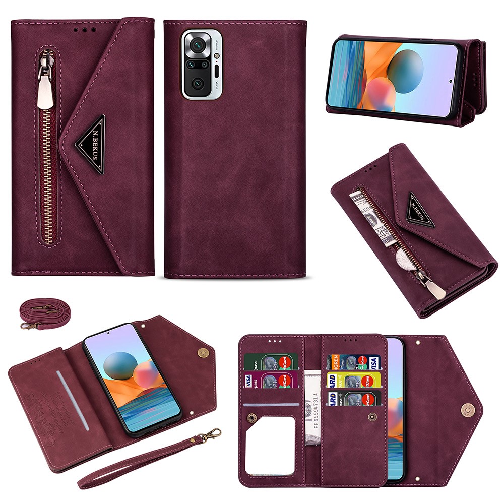 Leather Zipper Wallet Stand Phone Case with Strap for Xiaomi Redmi Note 10 Pro - Wine Red-10