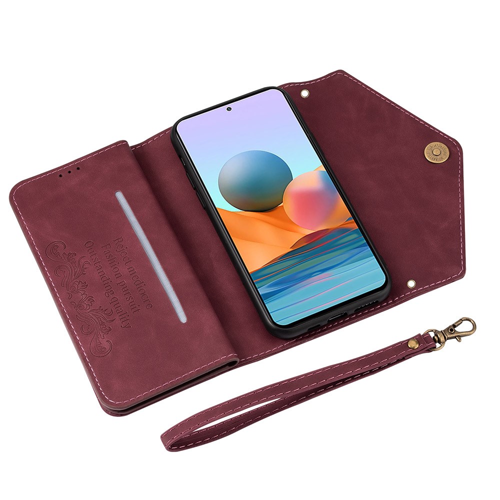 Leather Zipper Wallet Stand Phone Case with Strap for Xiaomi Redmi Note 10 Pro - Wine Red-3