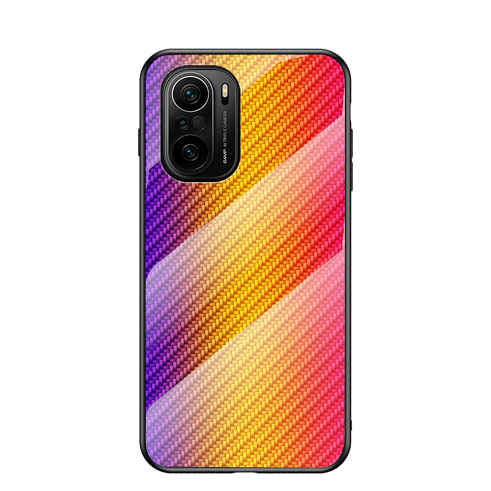 Anti-Scratch Carbon Fiber Texture Design Tempered Glass Phone Back Cover Case for Xiaomi Redmi K40/K40 Pro/Poco F3 Drop-proof Protective Shell - Golden Fiber-1