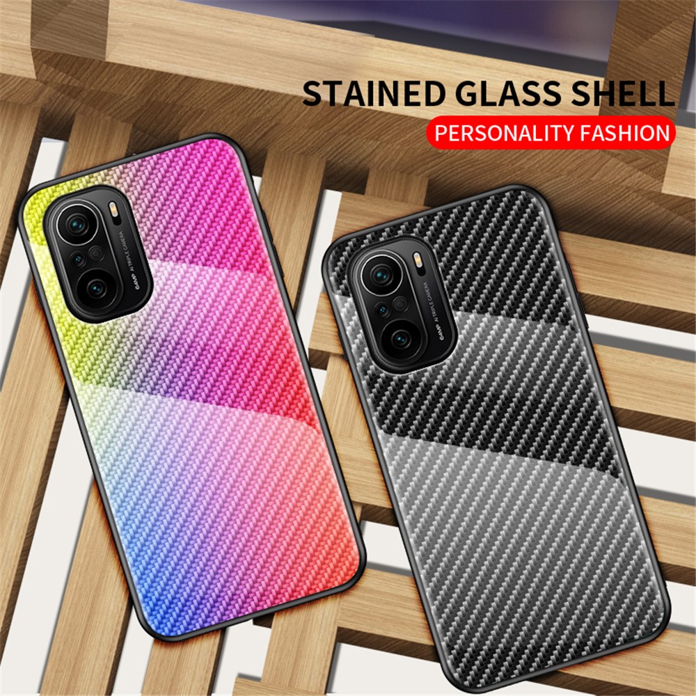 Anti-Scratch Carbon Fiber Texture Design Tempered Glass Phone Back Cover Case for Xiaomi Redmi K40/K40 Pro/Poco F3 Drop-proof Protective Shell - Golden Fiber-3