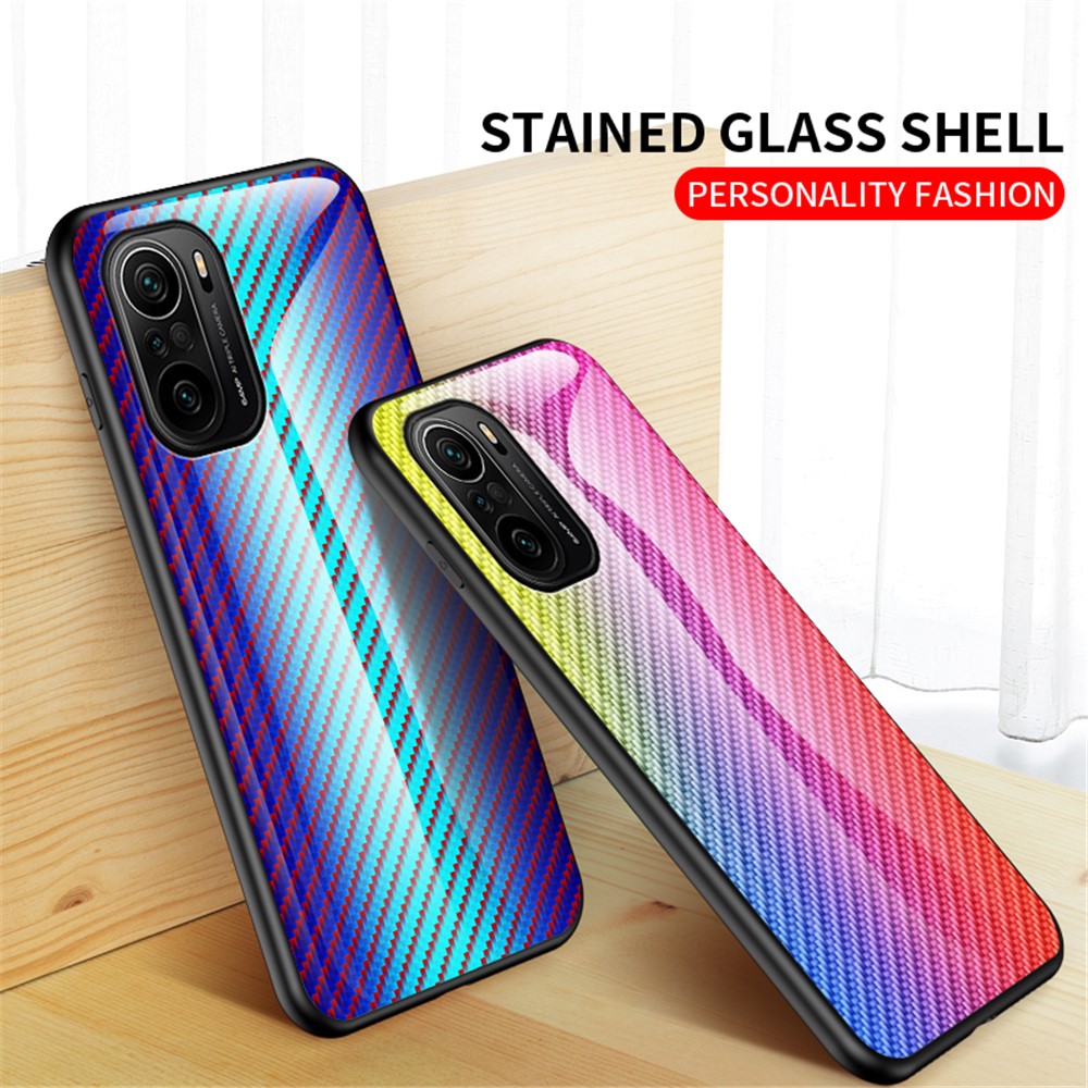 Anti-Scratch Carbon Fiber Texture Design Tempered Glass Phone Back Cover Case for Xiaomi Redmi K40/K40 Pro/Poco F3 Drop-proof Protective Shell - Golden Fiber-4