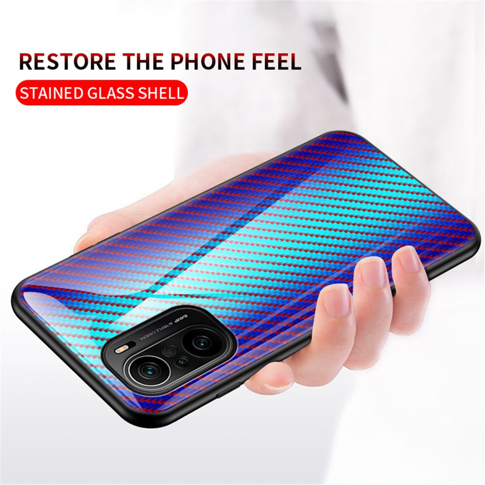 Anti-Scratch Carbon Fiber Texture Design Tempered Glass Phone Back Cover Case for Xiaomi Redmi K40/K40 Pro/Poco F3 Drop-proof Protective Shell - Golden Fiber-5