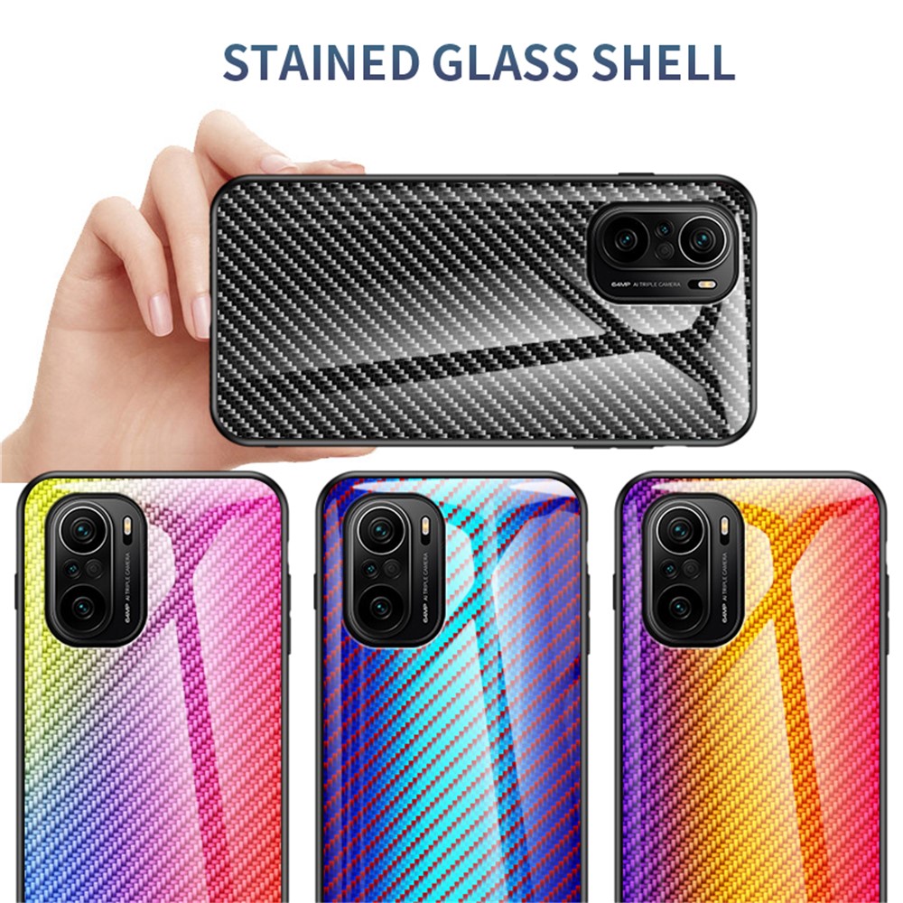 Anti-Scratch Carbon Fiber Texture Design Tempered Glass Phone Back Cover Case for Xiaomi Redmi K40/K40 Pro/Poco F3 Drop-proof Protective Shell - Golden Fiber-6