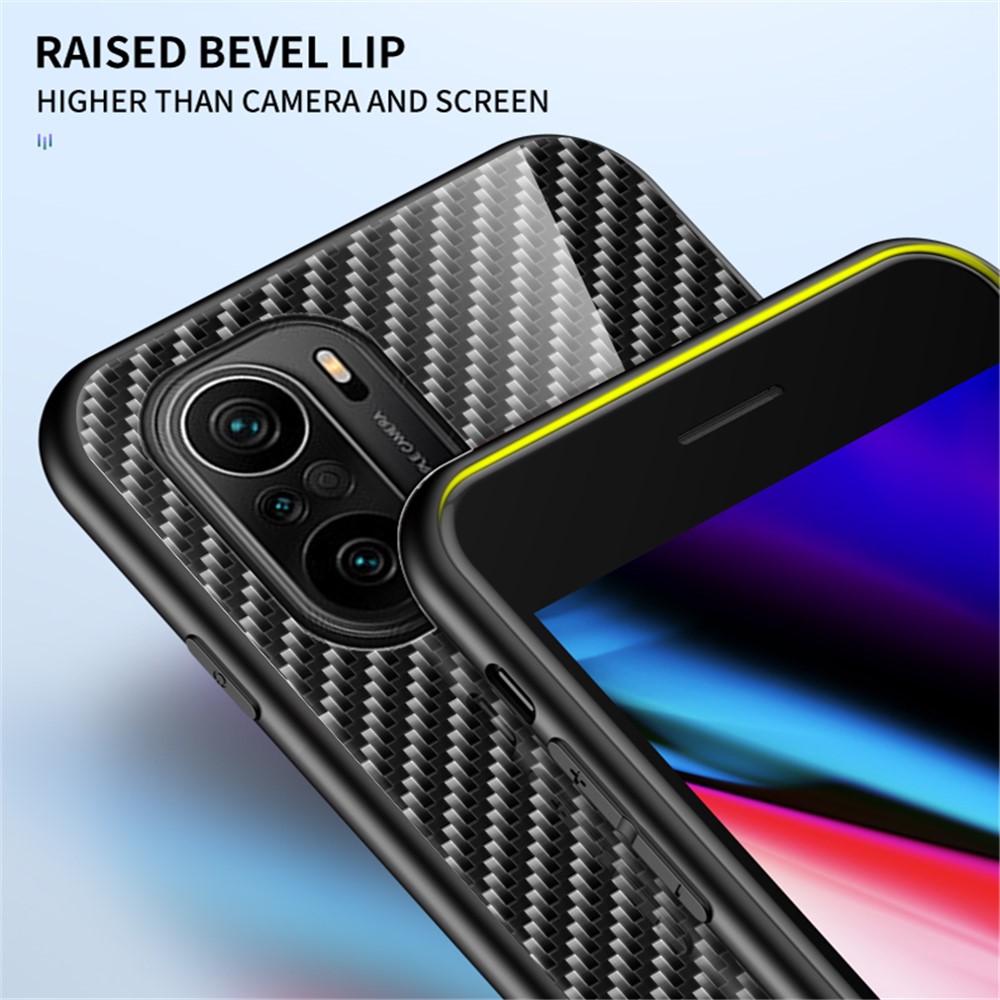 Anti-Scratch Carbon Fiber Texture Design Tempered Glass Phone Back Cover Case for Xiaomi Redmi K40/K40 Pro/Poco F3 Drop-proof Protective Shell - Golden Fiber-8
