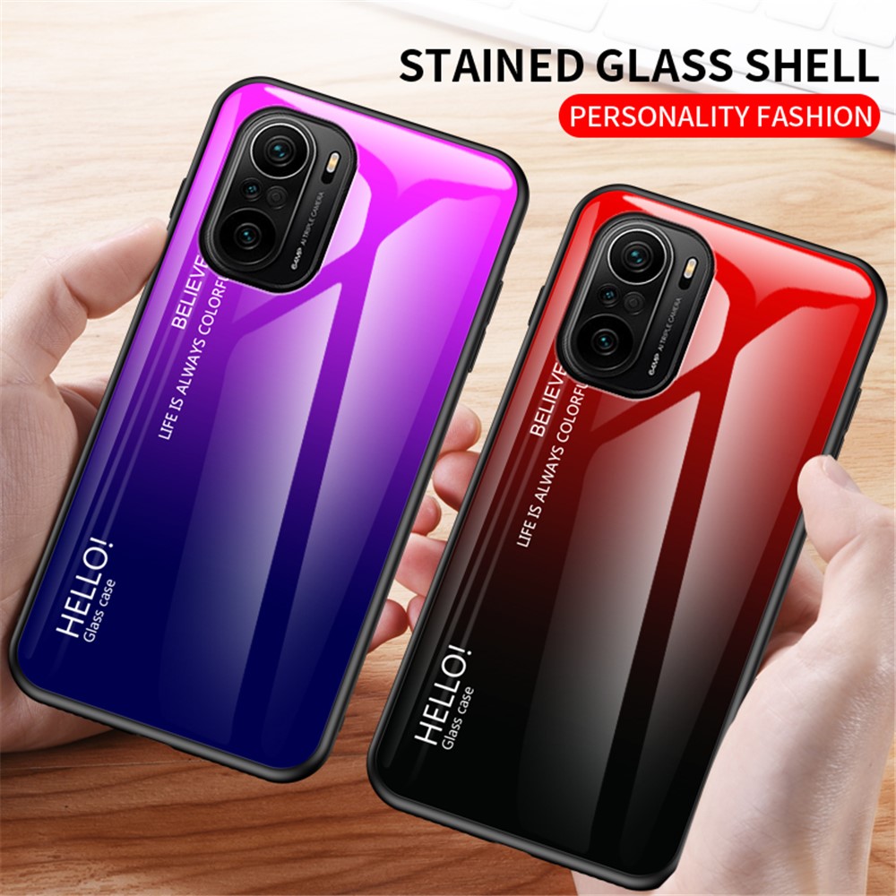 Anti-Scratch Color Gradient Design Well-Protected Tempered Glass Cell Phone Back Case for Xiaomi Redmi K40/Redmi K40 Pro/Poco F3 - Pink/Purple-3