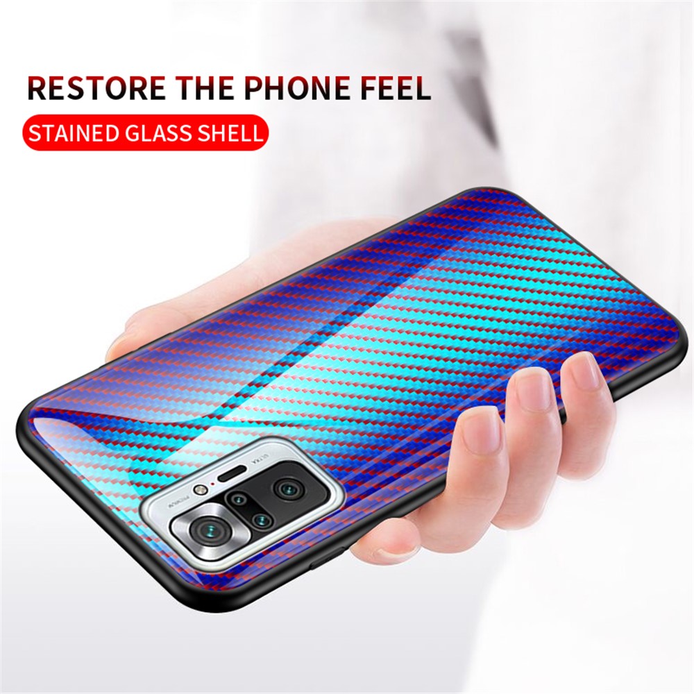 Well-Protected Carbon Fiber Texture Tempered Glass Phone Back Cover Case for Xiaomi Redmi Note 10 Pro/Note 10 Pro Max Anti-Drop Protective Shell - Blue Fiber-2