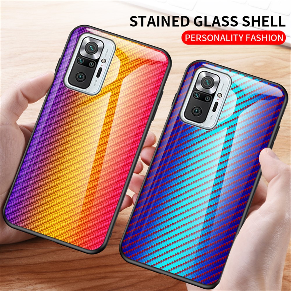 Well-Protected Carbon Fiber Texture Tempered Glass Phone Back Cover Case for Xiaomi Redmi Note 10 Pro/Note 10 Pro Max Anti-Drop Protective Shell - Blue Fiber-3