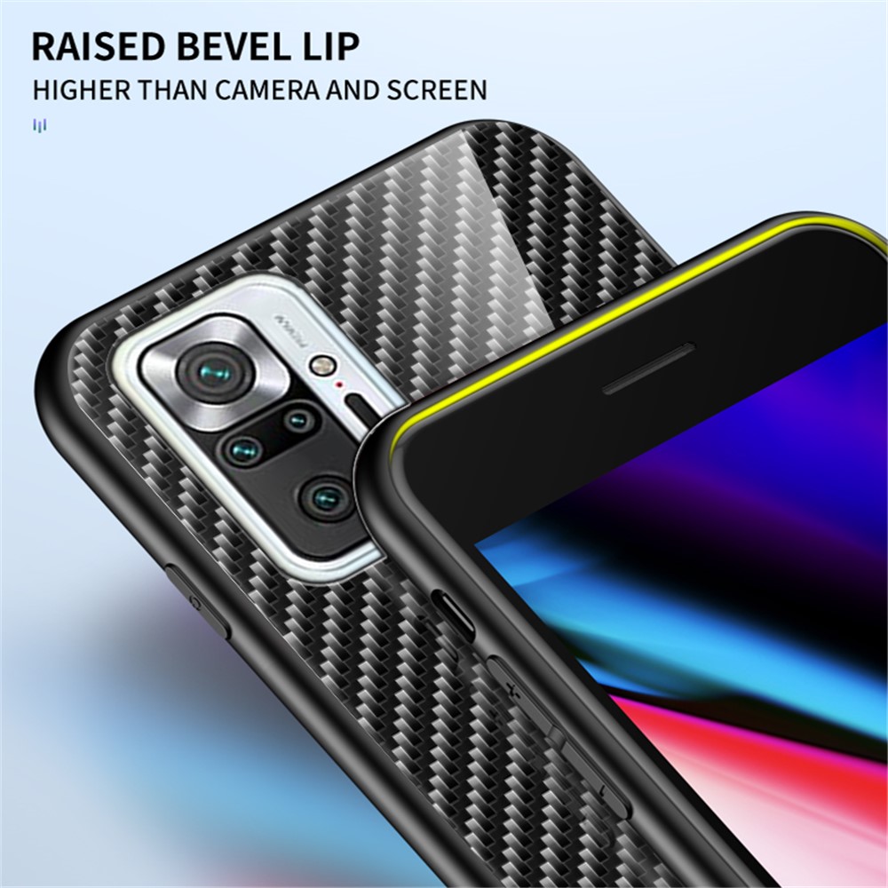 Well-Protected Carbon Fiber Texture Tempered Glass Phone Back Cover Case for Xiaomi Redmi Note 10 Pro/Note 10 Pro Max Anti-Drop Protective Shell - Blue Fiber-6