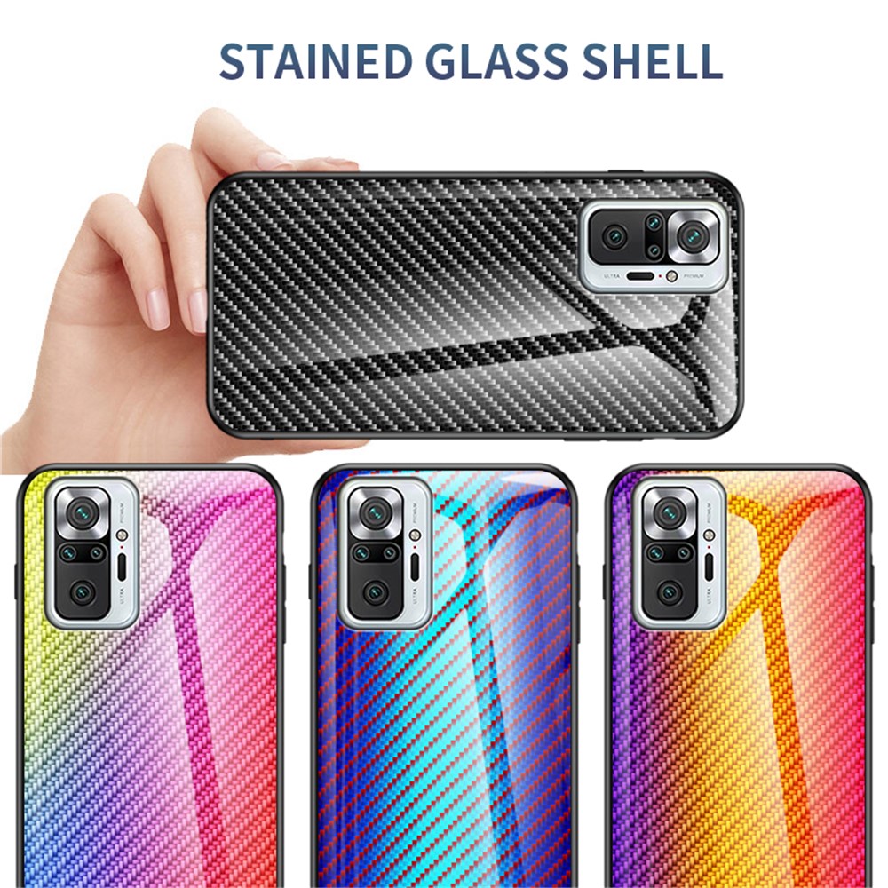 Well-Protected Carbon Fiber Texture Tempered Glass Phone Back Cover Case for Xiaomi Redmi Note 10 Pro/Note 10 Pro Max Anti-Drop Protective Shell - Blue Fiber-8