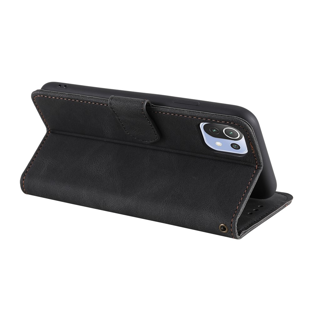 Rivet Decor Skin-Feeling Splicing Leather Wallet Phone Protective Cover for Xiaomi Mi 11 Lite 5G - Black-6