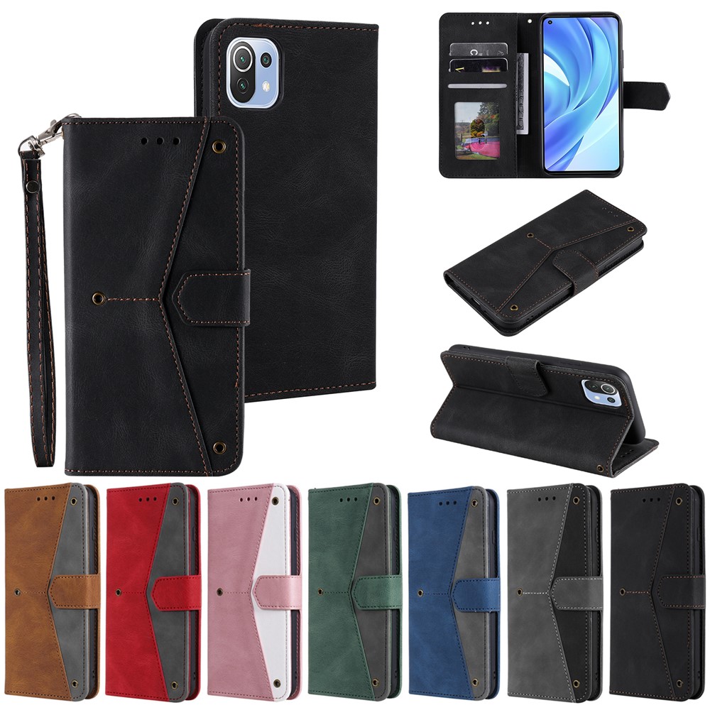 Rivet Decor Skin-Feeling Splicing Leather Wallet Phone Protective Cover for Xiaomi Mi 11 Lite 5G - Black-8