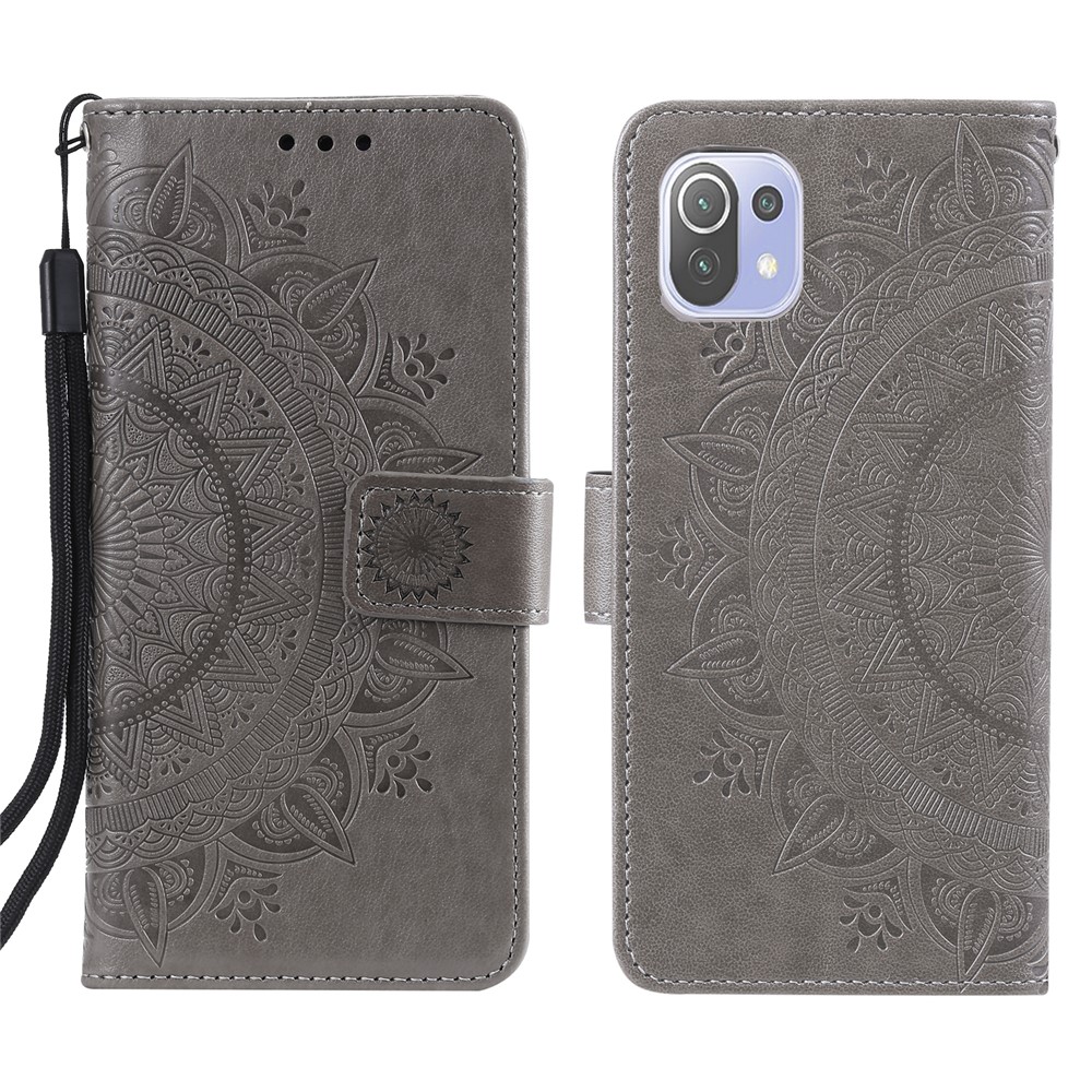 Imprint Flower Leather Wallet Stand Case for Xiaomi Mi 11 Lite 5G/4G - Grey-1