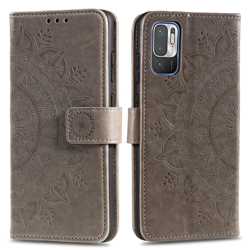 Imprinted Mandala Flower Wallet Leather Case with Strap for Xiaomi Redmi Note 10 5G - Grey-1