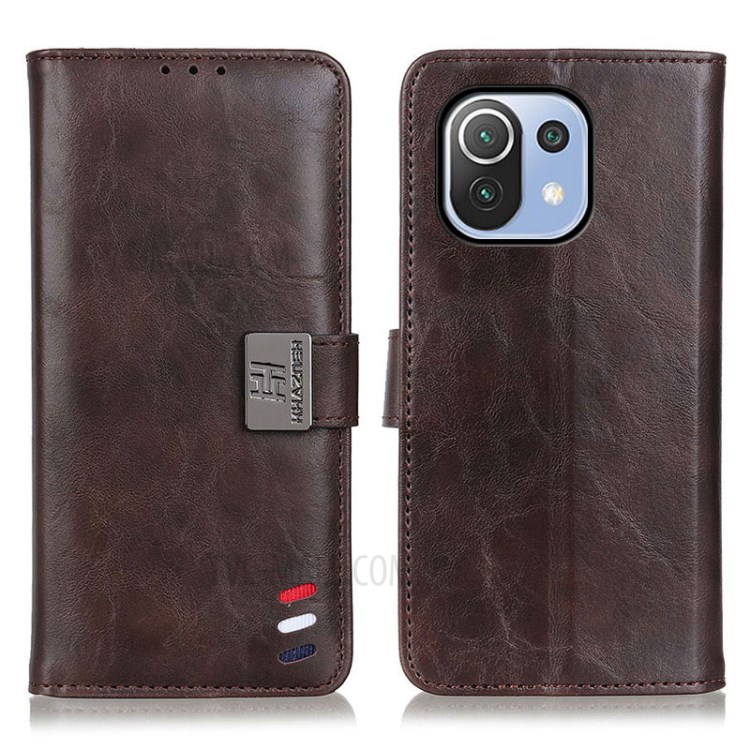 Tri-Color Braid Design Wallet Stand Textured Leather Protector Case for Xiaomi Mi 11 Lite 5G / 4G - Coffee-1