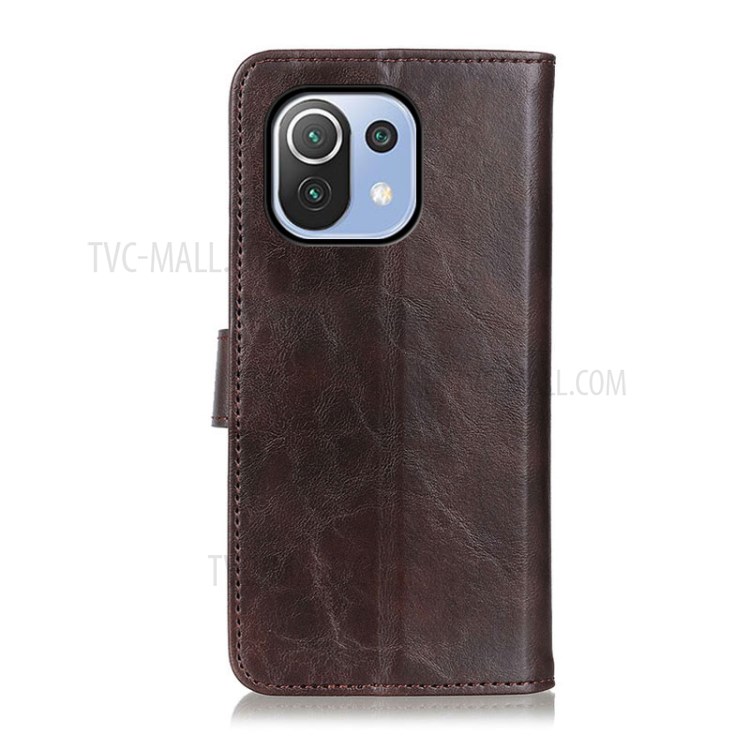 Tri-Color Braid Design Wallet Stand Textured Leather Protector Case for Xiaomi Mi 11 Lite 5G / 4G - Coffee-3