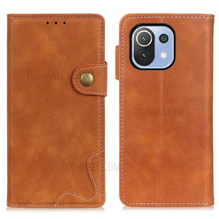 S-shape Textured Leather Phone Cover for Xiaomi Mi 11 Lite 4G / 5G Wallet Stand Case - Brown-1