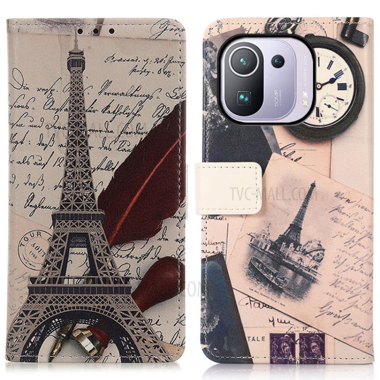Pattern Printing Leather Wallet Case Cover for Xiaomi Mi 11 Pro - Eiffel Tower and Characters-1