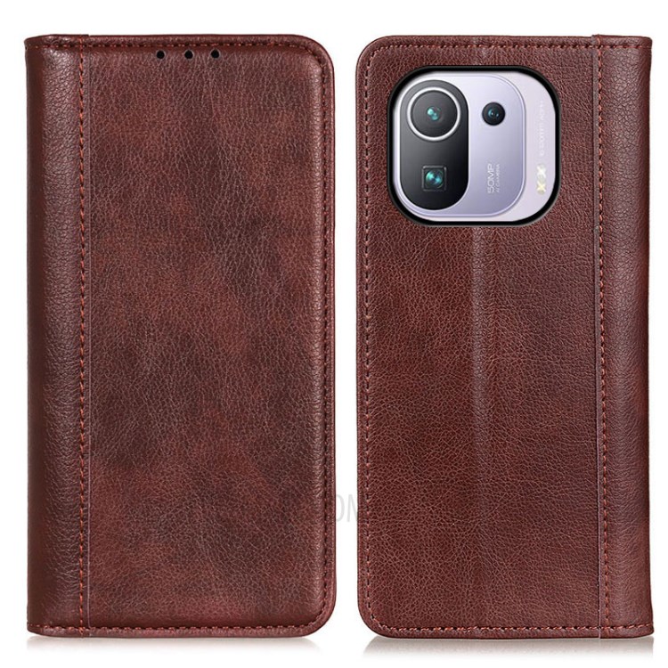 Auto-absorbed Litchi Texture Split Leather Wallet Cover for Xiaomi Mi 11 Pro - Brown-1