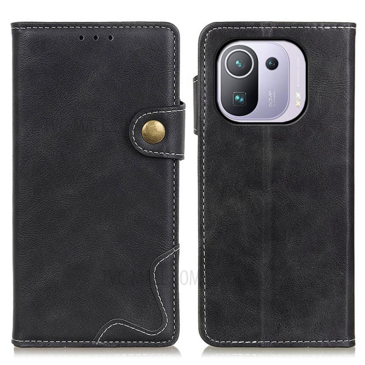 S-shape Textured Leather Wallet Stand Case for Xiaomi Mi 11 Pro - Black-1