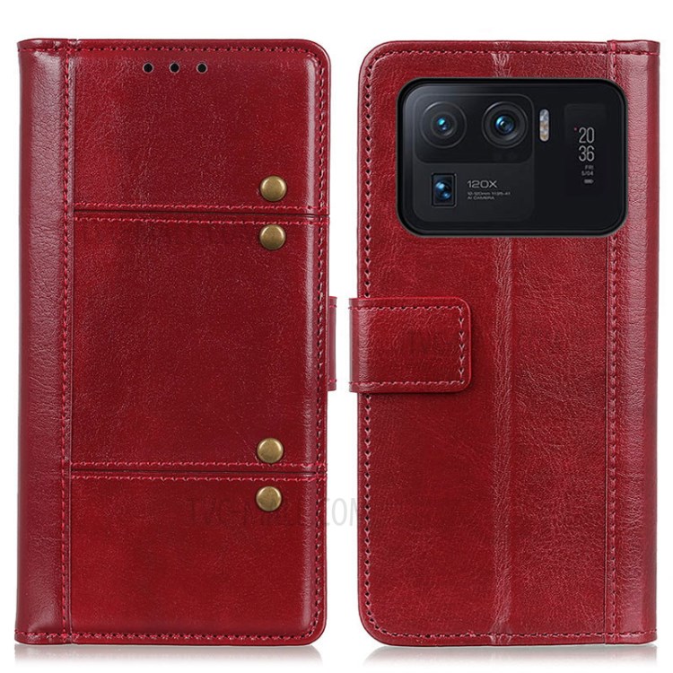 Rivet Decorated Crazy Horse Leather Wallet Case for Xiaomi Mi 11 Ultra - Red-1