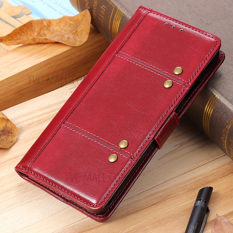 Rivet Decorated Crazy Horse Leather Wallet Case for Xiaomi Mi 11 Ultra - Red-7