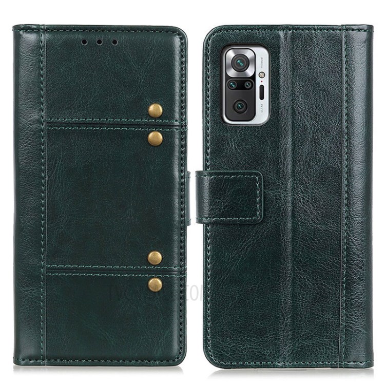 Rivet Decorated Crazy Horse Texture Leather Case Wallet for Xiaomi Redmi Note 10 Pro / 10 Pro Max - Green-1