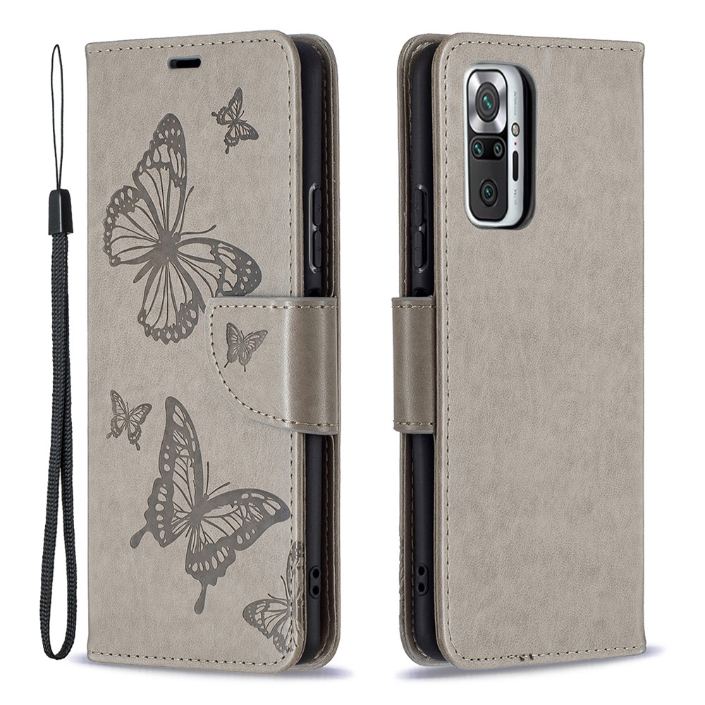 Imprint Butterfly Leather Wallet Case for Xiaomi Redmi Note 10 Pro Max/Redmi Note 10 Pro - Grey-1