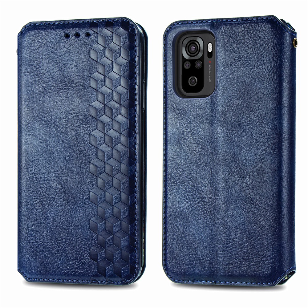 Rhombus Imprinting Wallet Stand Design Automatic Suction PU Leather Case for Xiaomi Redmi Note 10 4G/Note 10S - Blue-1