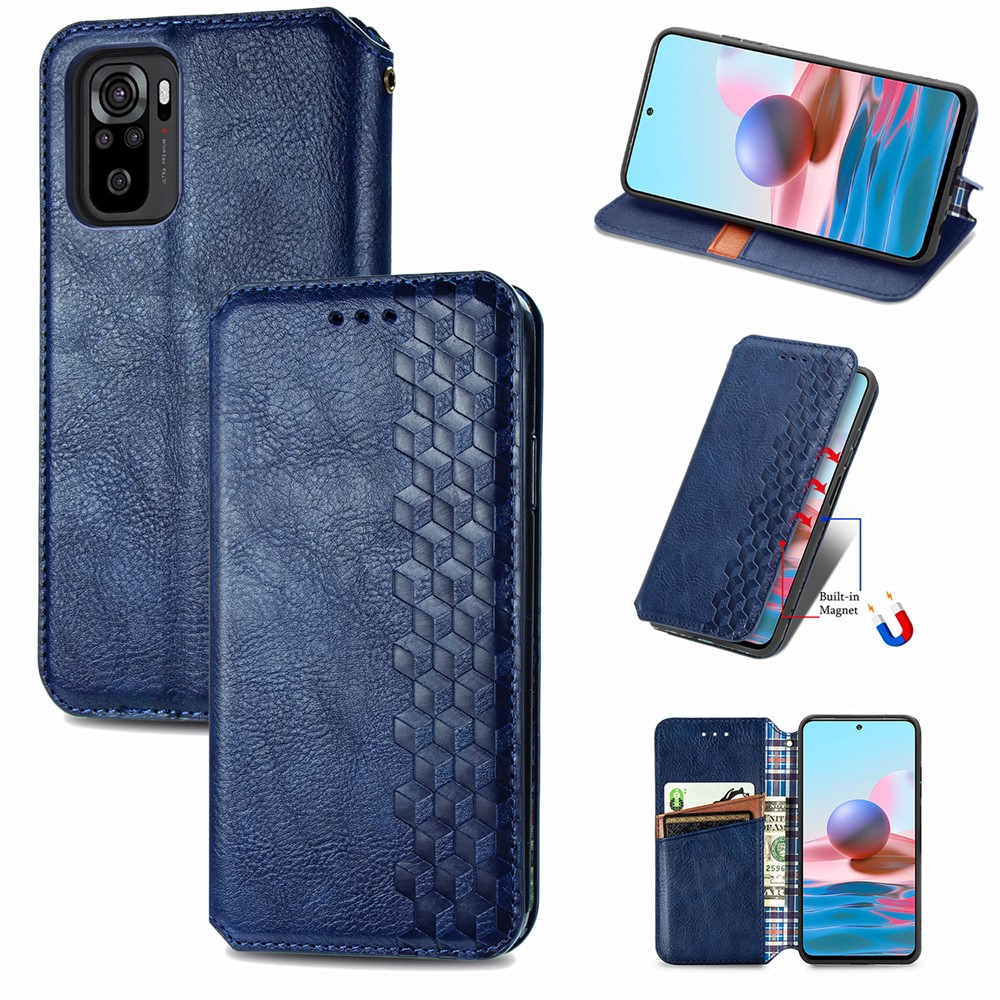 Rhombus Imprinting Wallet Stand Design Automatic Suction PU Leather Case for Xiaomi Redmi Note 10 4G/Note 10S - Blue-11