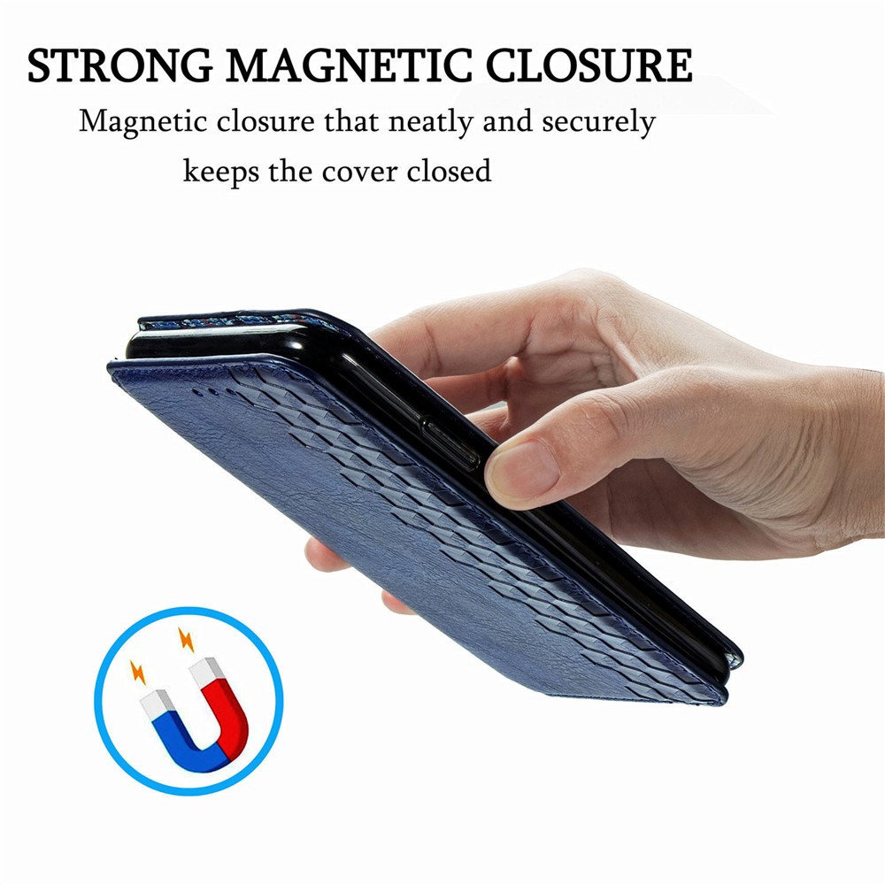 Rhombus Imprinting Wallet Stand Design Automatic Suction PU Leather Case for Xiaomi Redmi Note 10 4G/Note 10S - Blue-3