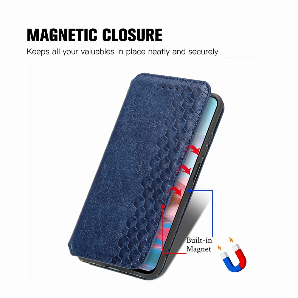 Rhombus Imprinting Wallet Stand Design Automatic Suction PU Leather Case for Xiaomi Redmi Note 10 4G/Note 10S - Blue-4