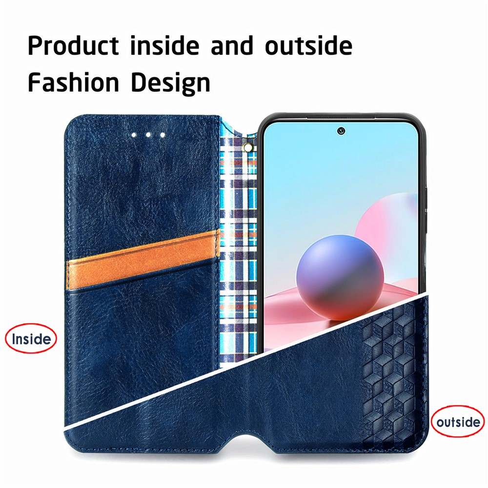 Rhombus Imprinting Wallet Stand Design Automatic Suction PU Leather Case for Xiaomi Redmi Note 10 4G/Note 10S - Blue-5