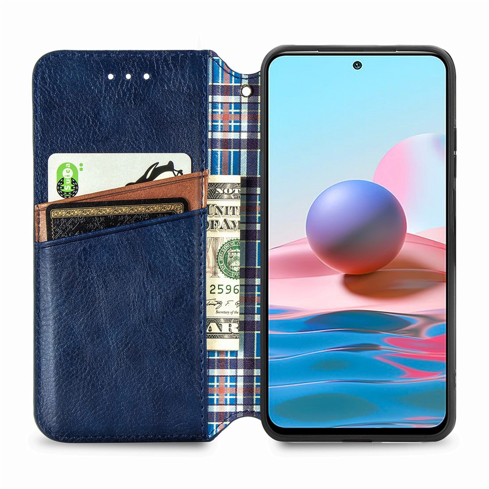 Rhombus Imprinting Wallet Stand Design Automatic Suction PU Leather Case for Xiaomi Redmi Note 10 4G/Note 10S - Blue-8