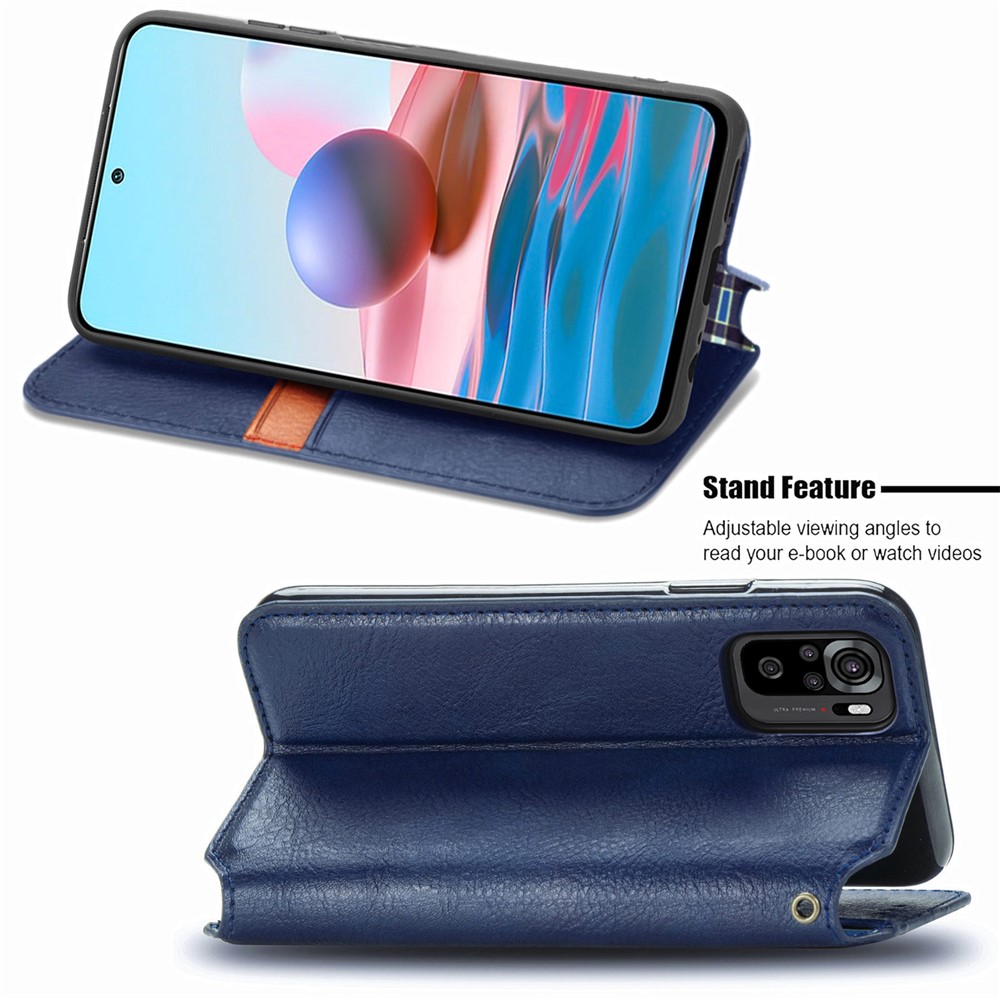 Rhombus Imprinting Wallet Stand Design Automatic Suction PU Leather Case for Xiaomi Redmi Note 10 4G/Note 10S - Blue-9