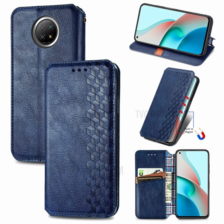Rhombus Imprinting Design Automatic Suction PU Leather Case with Wallet Stand for Xiaomi Redmi Note 9 5G/Note 9T 5G - Blue-13