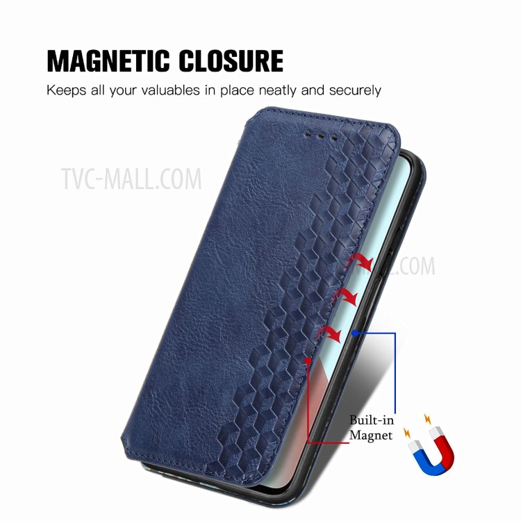 Rhombus Imprinting Design Automatic Suction PU Leather Case with Wallet Stand for Xiaomi Redmi Note 9 5G/Note 9T 5G - Blue-6