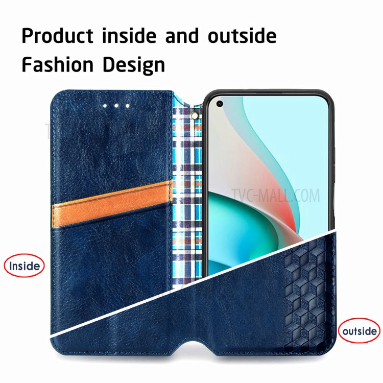 Rhombus Imprinting Design Automatic Suction PU Leather Case with Wallet Stand for Xiaomi Redmi Note 9 5G/Note 9T 5G - Blue-7