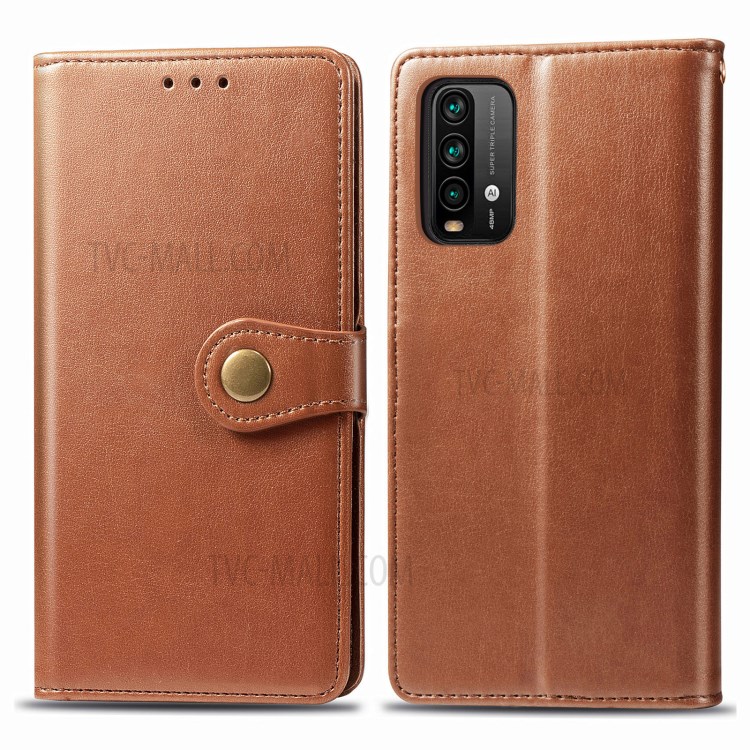 Round Buckle Design Wallet Stand Plain Leather Phone Case Shell for Xiaomi Redmi 9T/9 Power/Note 9 4G (Qualcomm Snapdragon 662) - Brown-1