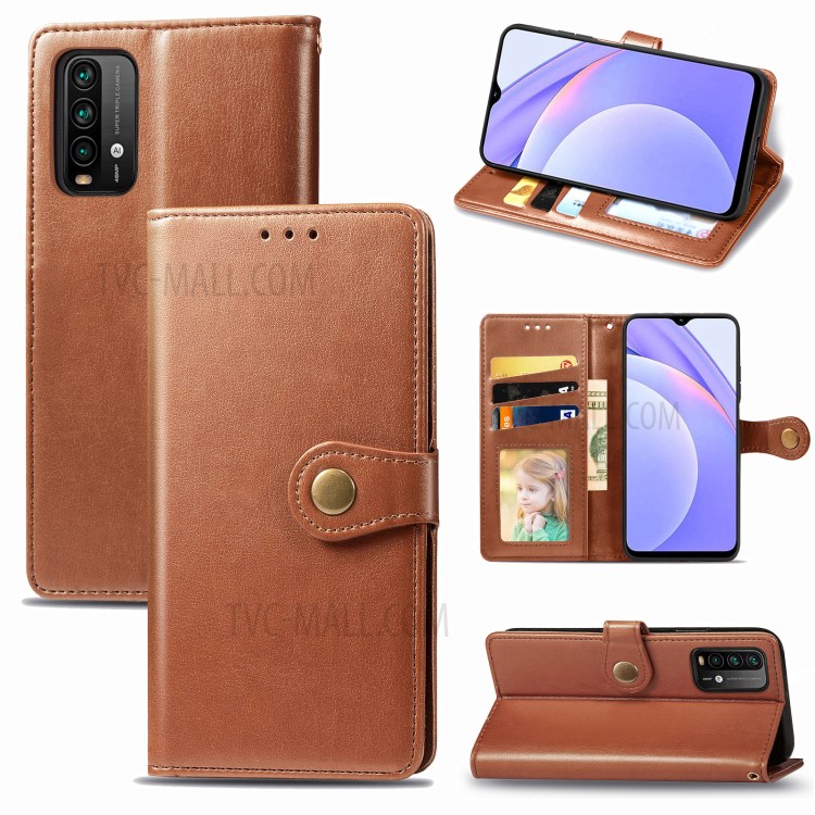 Round Buckle Design Wallet Stand Plain Leather Phone Case Shell for Xiaomi Redmi 9T/9 Power/Note 9 4G (Qualcomm Snapdragon 662) - Brown-10