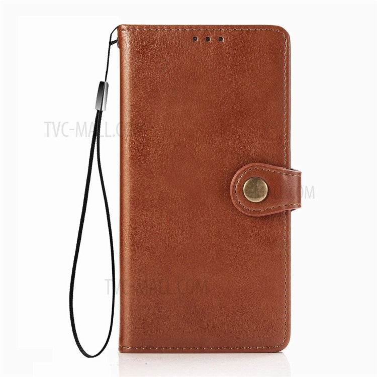 Round Buckle Design Wallet Stand Plain Leather Phone Case Shell for Xiaomi Redmi 9T/9 Power/Note 9 4G (Qualcomm Snapdragon 662) - Brown-2