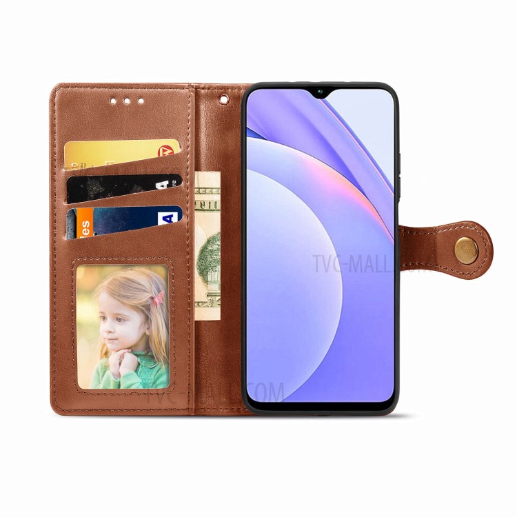 Round Buckle Design Wallet Stand Plain Leather Phone Case Shell for Xiaomi Redmi 9T/9 Power/Note 9 4G (Qualcomm Snapdragon 662) - Brown-3