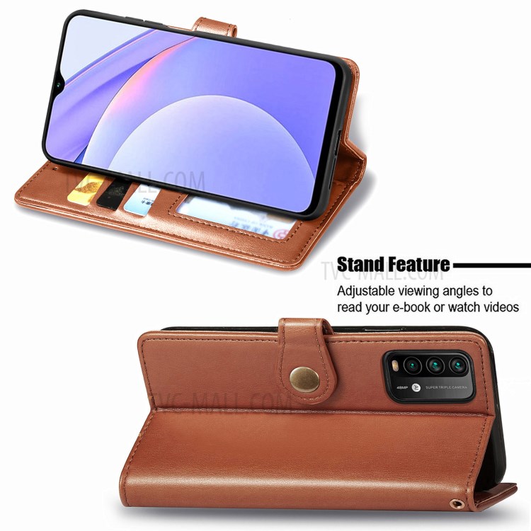 Round Buckle Design Wallet Stand Plain Leather Phone Case Shell for Xiaomi Redmi 9T/9 Power/Note 9 4G (Qualcomm Snapdragon 662) - Brown-4