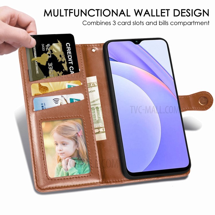 Round Buckle Design Wallet Stand Plain Leather Phone Case Shell for Xiaomi Redmi 9T/9 Power/Note 9 4G (Qualcomm Snapdragon 662) - Brown-5