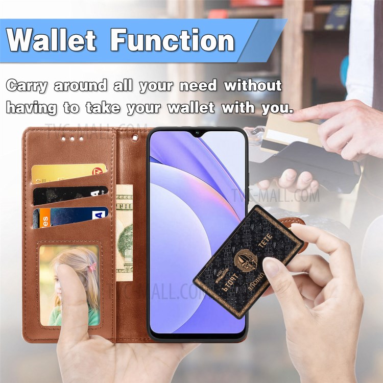 Round Buckle Design Wallet Stand Plain Leather Phone Case Shell for Xiaomi Redmi 9T/9 Power/Note 9 4G (Qualcomm Snapdragon 662) - Brown-8