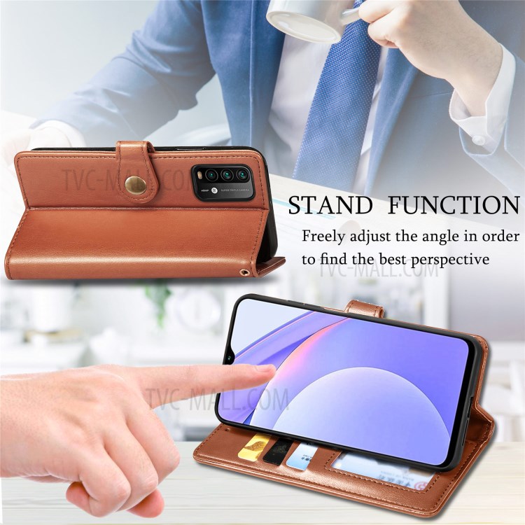 Round Buckle Design Wallet Stand Plain Leather Phone Case Shell for Xiaomi Redmi 9T/9 Power/Note 9 4G (Qualcomm Snapdragon 662) - Brown-9